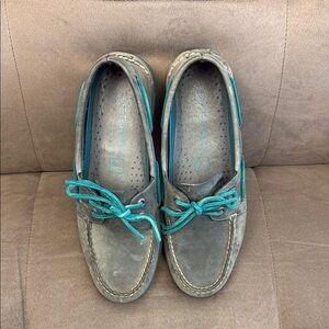 Sperry Gray Boat Shoes with Teal Laces